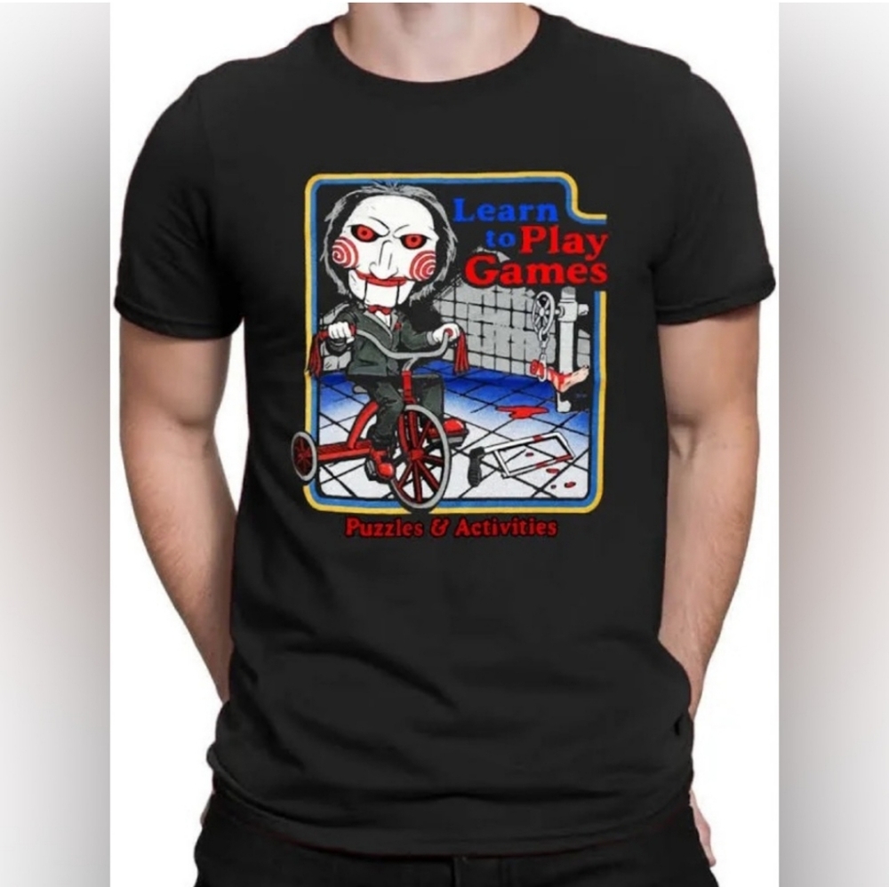 SAW Black Crew Neck Short Sleeve Shirt “Learn to Play Games” Billy Jigsaw